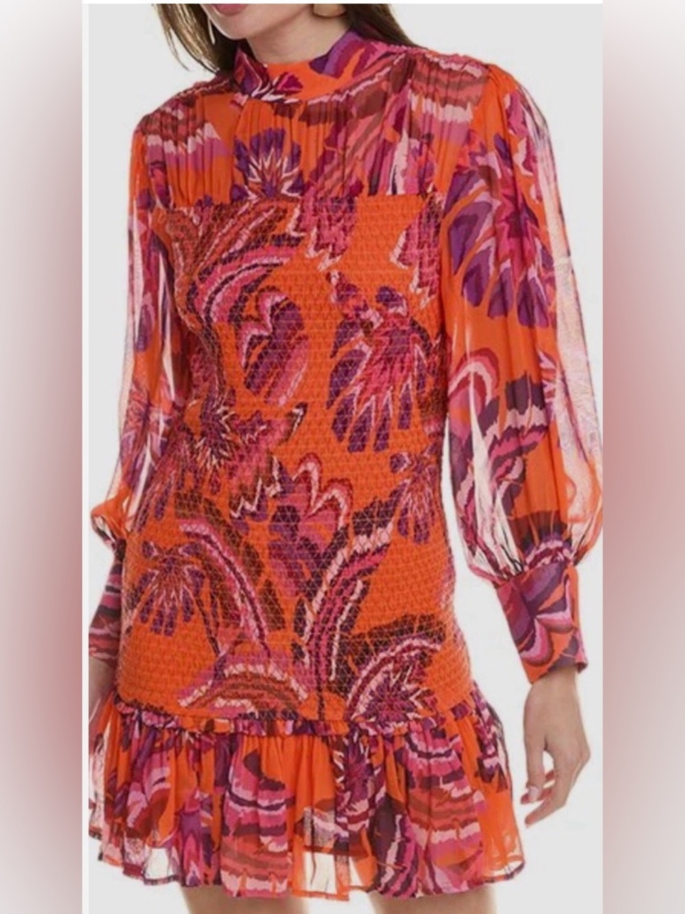FARM Rio Chevron Forest Smocked Mini Dress Orange Pink Tropical Small